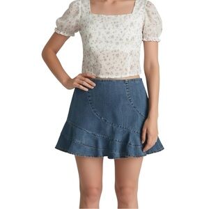 DKNY Jeans Y2K Denim Mini Skirt Ruffle Hem Flared Blue Vintage 2000s Women’s 12